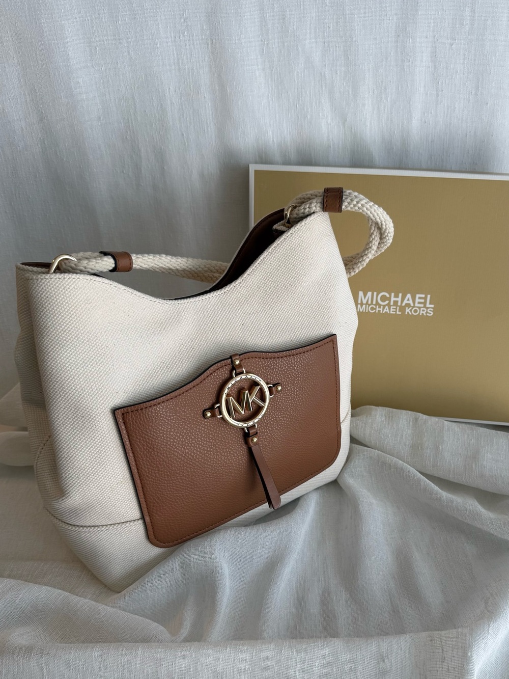 MICHAEL Michael Kors Cream Canvas Shoulder Bag with Brown Leather Pocket